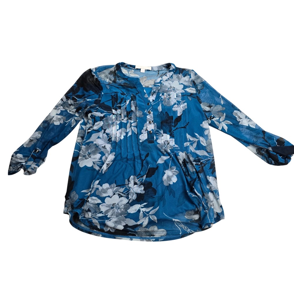 Juniper + Lime Blouse Women‎ Large Blue Floral Mesh Roll-Tab Sleeve Top